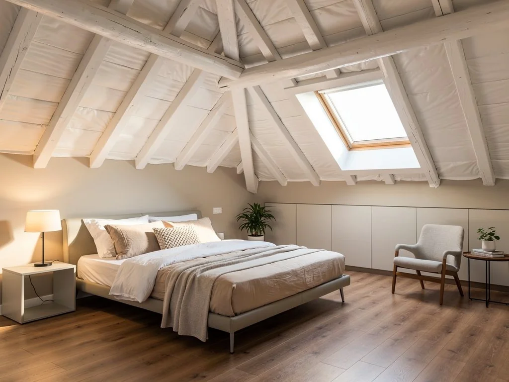 Combles aménagés en chambre lumineuse après isolation des rampants